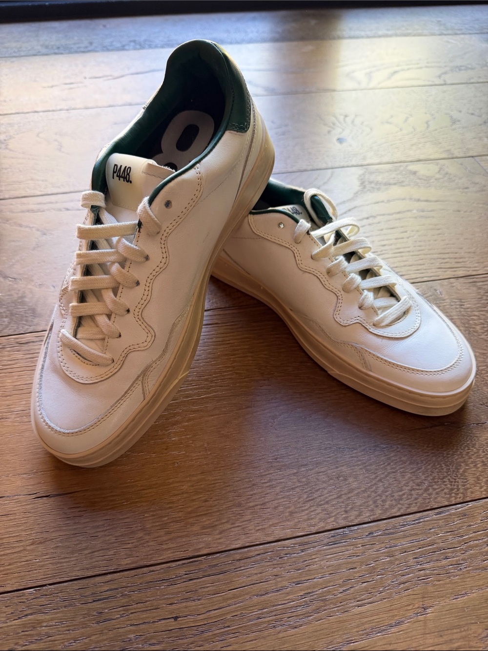 P448 Men’s White Leather Sneakers with Green Heel Tab